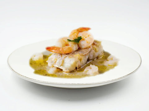 Merluza al cava con langostinos (1 Kg)